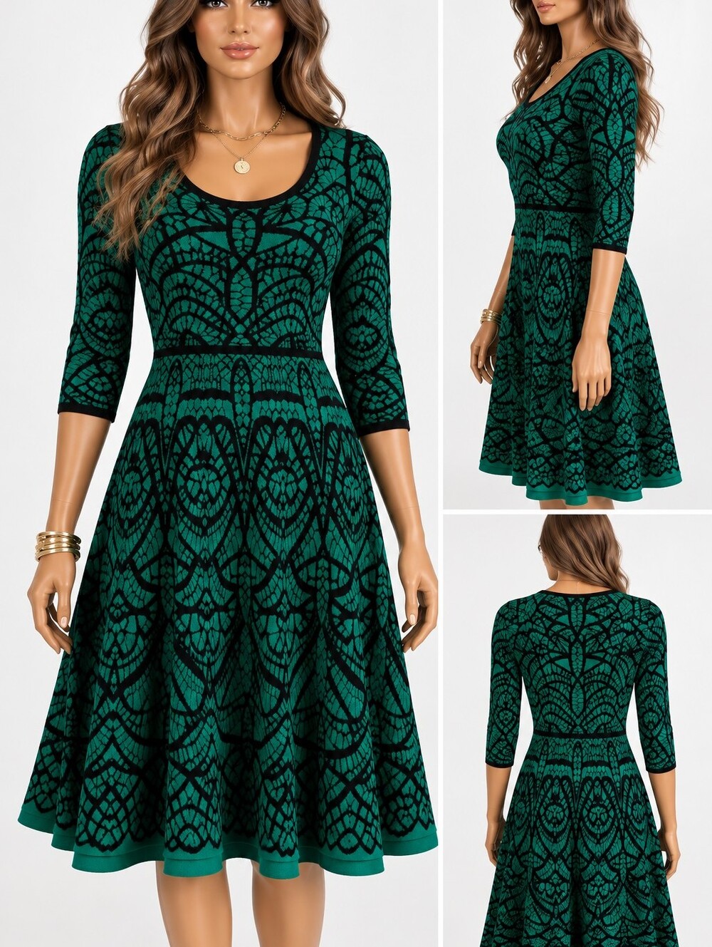 Carmen Marc Valvo S Emerald Black Jacquard Knit Fit Flare Midi Dress